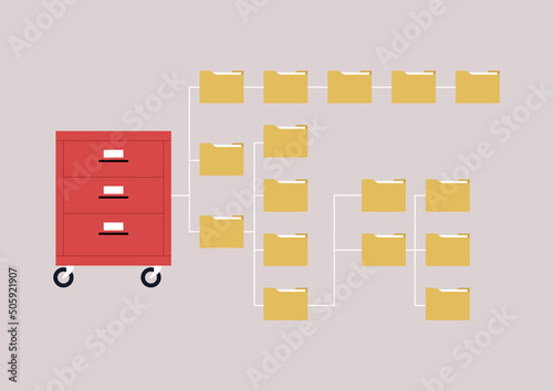 Computer files directory, folders organized in a system of storage