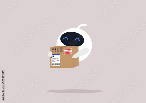 Cute white robot holding a parcel with stickers and labels