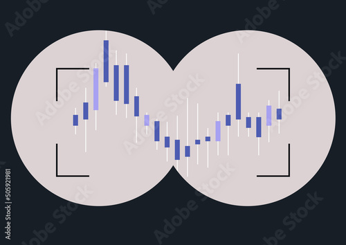 A candlestick investment graph in a binocular viewfinder, a stock market research