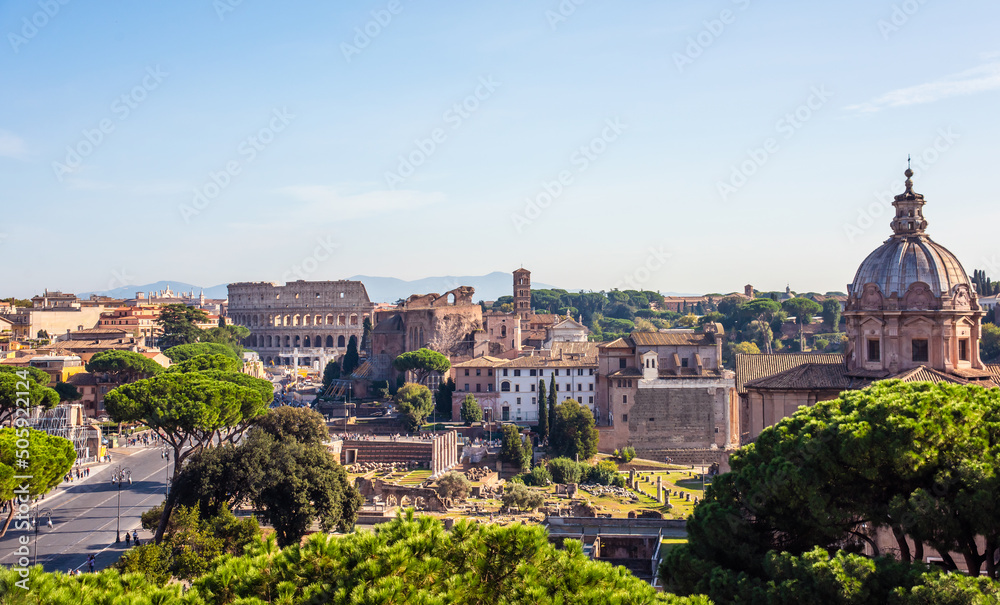 Forum Romanum and Coliseum view from the Capitoline Hill in Italy, Rome