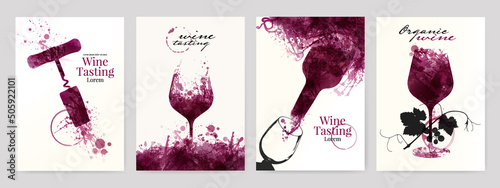 Collection of templates with wine designs. Illustration with background wine stains, glass, bottle, corkscrew.