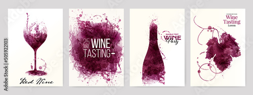 Collection of templates with wine designs. Illustration with background wine stains, glass, bottle, vine leaf.