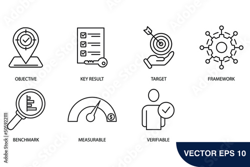 Objectives and key results icons set . Objectives and key results pack symbol vector elements for infographic web