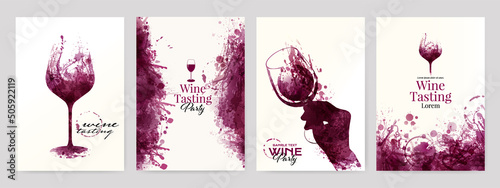 Collection of templates with wine designs. Illustration with background wine stains, glass, hand with wine glass.
