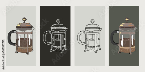 French press coffee maker vector flat and line design. Device for brewing coffee vector illustration.