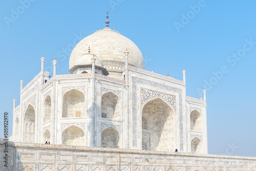 Awesome view of the Taj Mahal on blue sky background