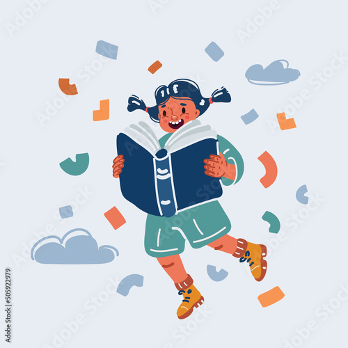 Vector illustration of Happy little girl child fly with book enjoy fairytale world. Smiling dreamy small teen kid enjoy literature reading, open new horizons. Booklover, library and bookstore concept.
