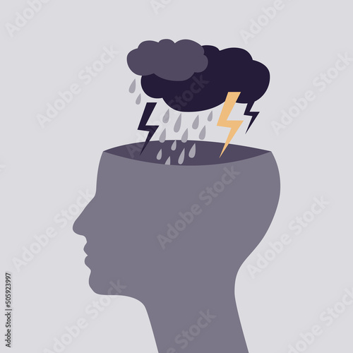 Dark clouds and rain in human head. Concept of depression, mental illness,  stress.