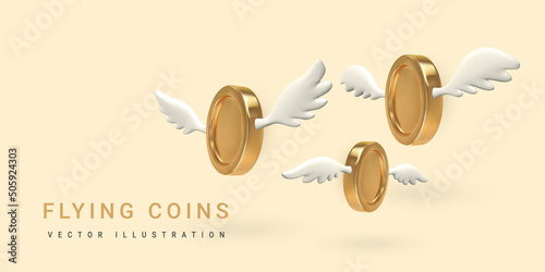 3d flying golden coin with wings isolated on a white background. Vector illustration