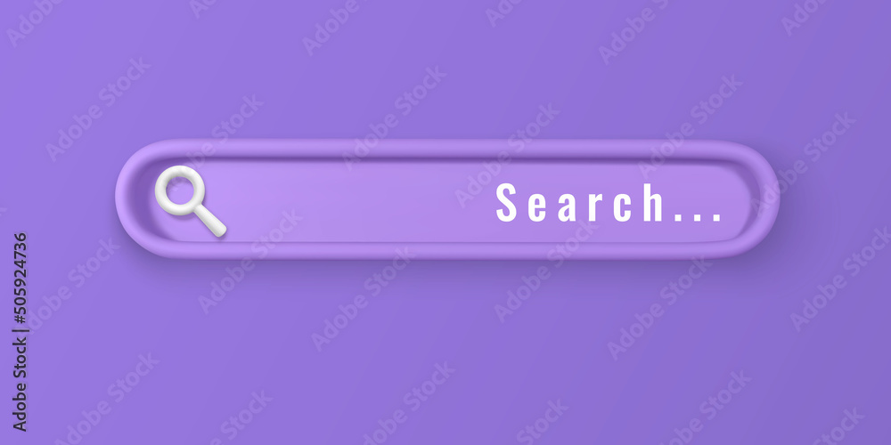 Realistic 3d search bar design element in cartoon minimal style on violet background. Vector illustration Realistic 3d search bar design element in cartoon minimal style on violet background. Vector illustration