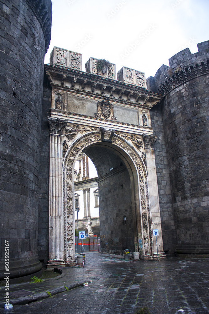 East side of the ancient city gate Porta Capuana in Naples