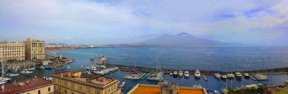 Panorama of Naples, view of the port in the Gulf of Naples and Mount Vesuvius	