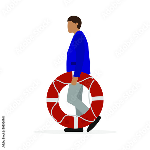 A male character with a lifebuoy in his hand stands on a white background