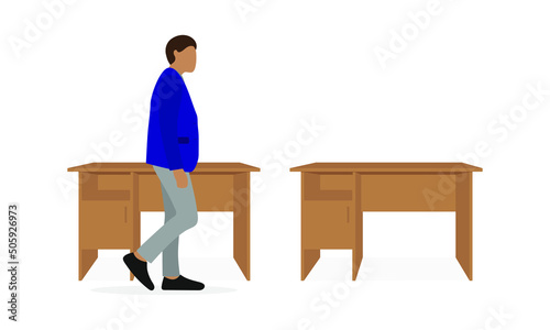 A male character in business clothes is standing near one of the two desks on a white background