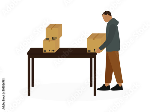 Male character putting cardboard boxes on table on white background