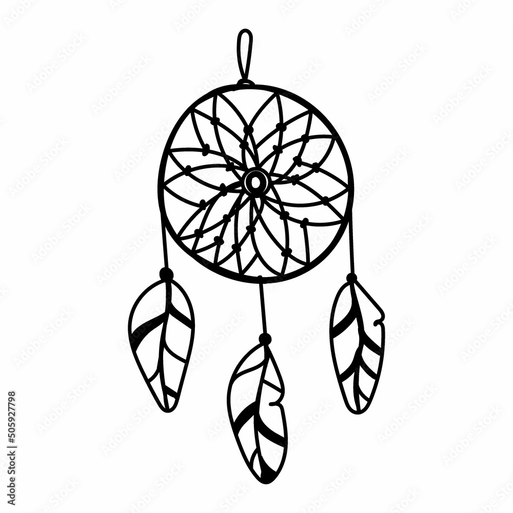 Fototapeta premium Dreamcatcher, hand-drawn doodle art. Dreamcatcher. Dreamcatcher on white background. Dreams. Zentangle art. Boho style. Exquisite graphic design.