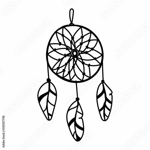 Dreamcatcher, hand-drawn doodle art. Dreamcatcher. Dreamcatcher on white background. Dreams. Zentangle art. Boho style. Exquisite graphic design.