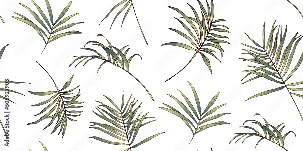 Vector floral seamless pattern with palm leaves. Bright illustration for wallpaper, fabric, textile, wrapping paper, cover, package. In sketch style.