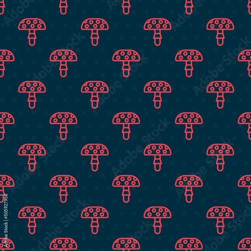 Red line Amanita muscaria or fly agaric hallucinogenic toadstool mushroom icon isolated seamless pattern on black background. Spotted poisonous mushroom. Vector