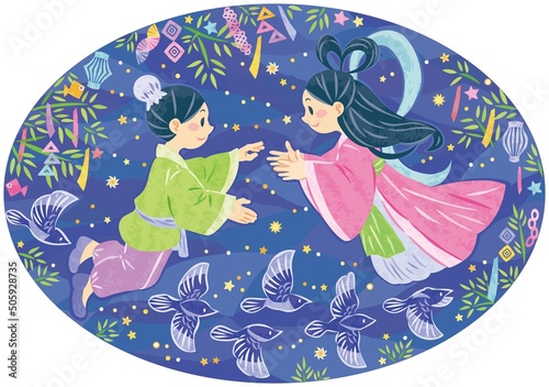 7月　七夕まつり　織姫と彦星とカササギ　イラスト素材