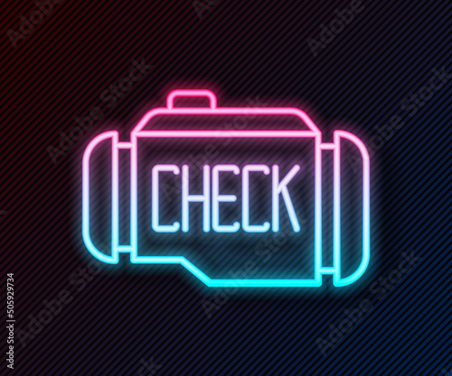 Glowing neon line Check engine icon isolated on black background. Vector