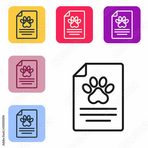 Black line Clipboard with medical clinical record pet icon isolated on white background. Health insurance form. Medical check marks report. Set icons in color square buttons. Vector