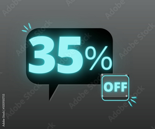 35% off discount, futuristic balloon design with blue neon lettering 