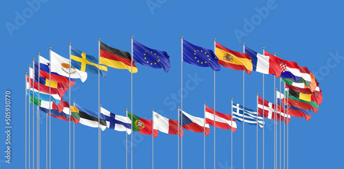 27 waving flags of countries of European Union (EU). Blue sky background. 3D illustration