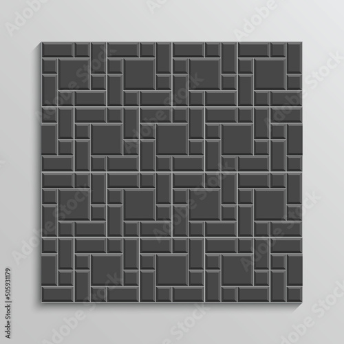 Seamless pavement slab pattern. Black cobblestone masonry texture. Paver tile. Decorative sidewalk. Stone surface. Mosaic outdoor background. Paved floor. Cement brick backdrop. Vector illustration