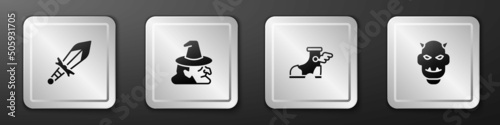 Set Medieval sword, Witch, Hermes sandal and Mask of the devil with horns icon. Silver square button. Vector