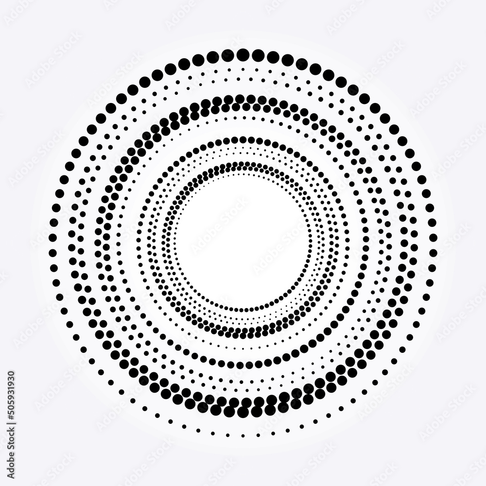 Halftone design element. Abstract background. Dotted round logo. Halftone swirl object. Halftone dots circle texture, pattern, object. Vector art illustration.	