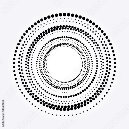 Halftone design element. Abstract background. Dotted round logo. Halftone swirl object. Halftone dots circle texture, pattern, object. Vector art illustration. 