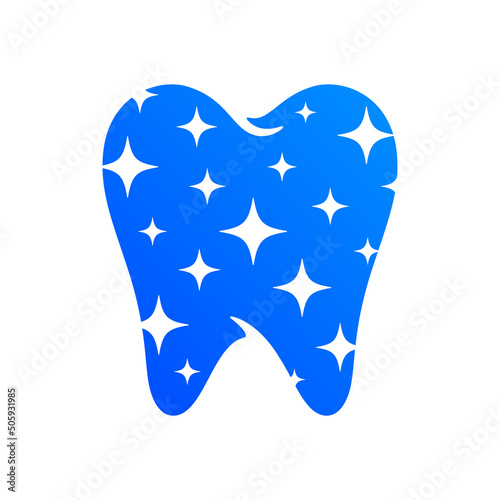 A shiny new tooth with stars blue vector icon. Dental clinic creative logo template.