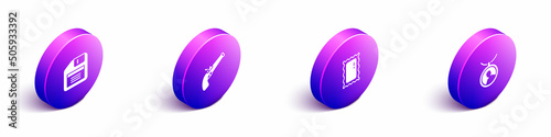 Set Isometric Floppy disk, Vintage pistol, Big full length mirror and Locket on necklace icon. Vector