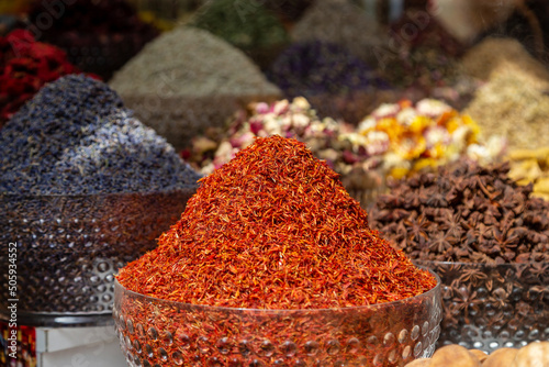Fototapeta Naklejka Na Ścianę i Meble -  Saffron, the most expensive spice at Dubai spice market among other spices