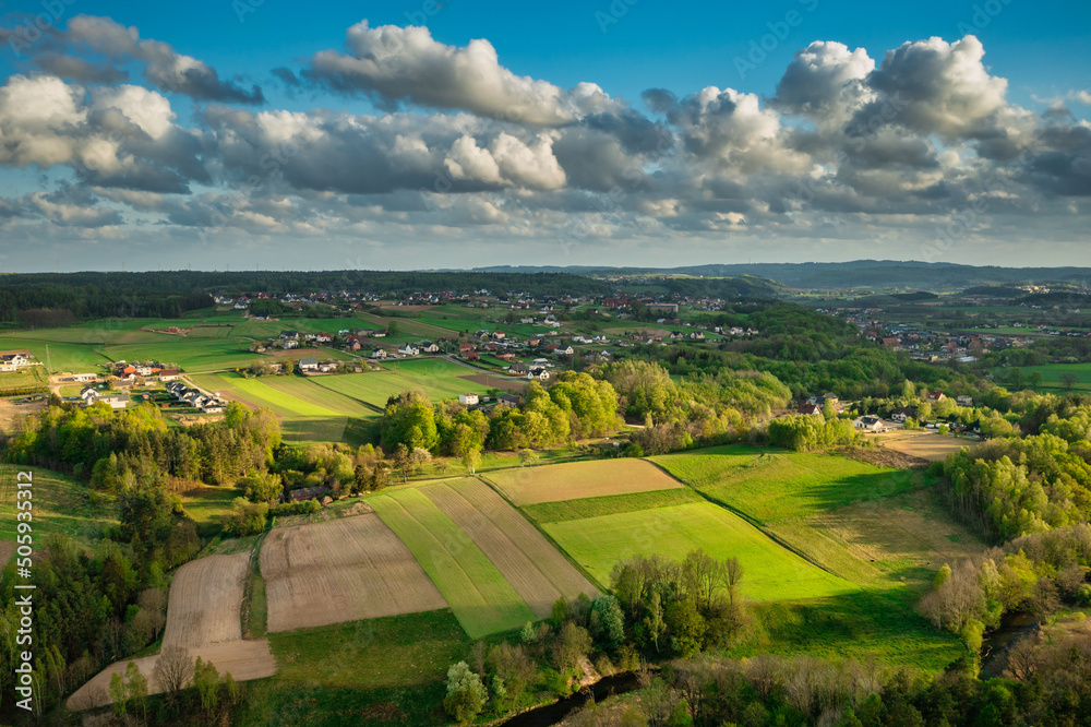 Aerial landscape of Kashubian meadows and forests, Poland