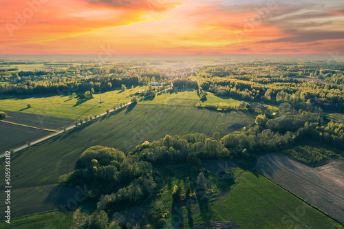 Tableau sur toile Country landscape with road and meadows from above