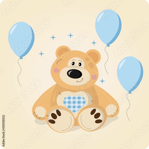 Teddy bear with balloons. Illustration. Vector. Blue