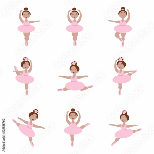 a set of nine little ballerina girls in pink tutus