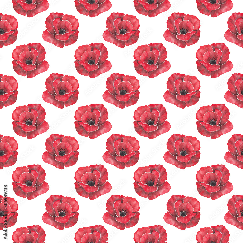 Red poppies, watercolor pattern on a white background Red poppies, watercolor pattern on a white background