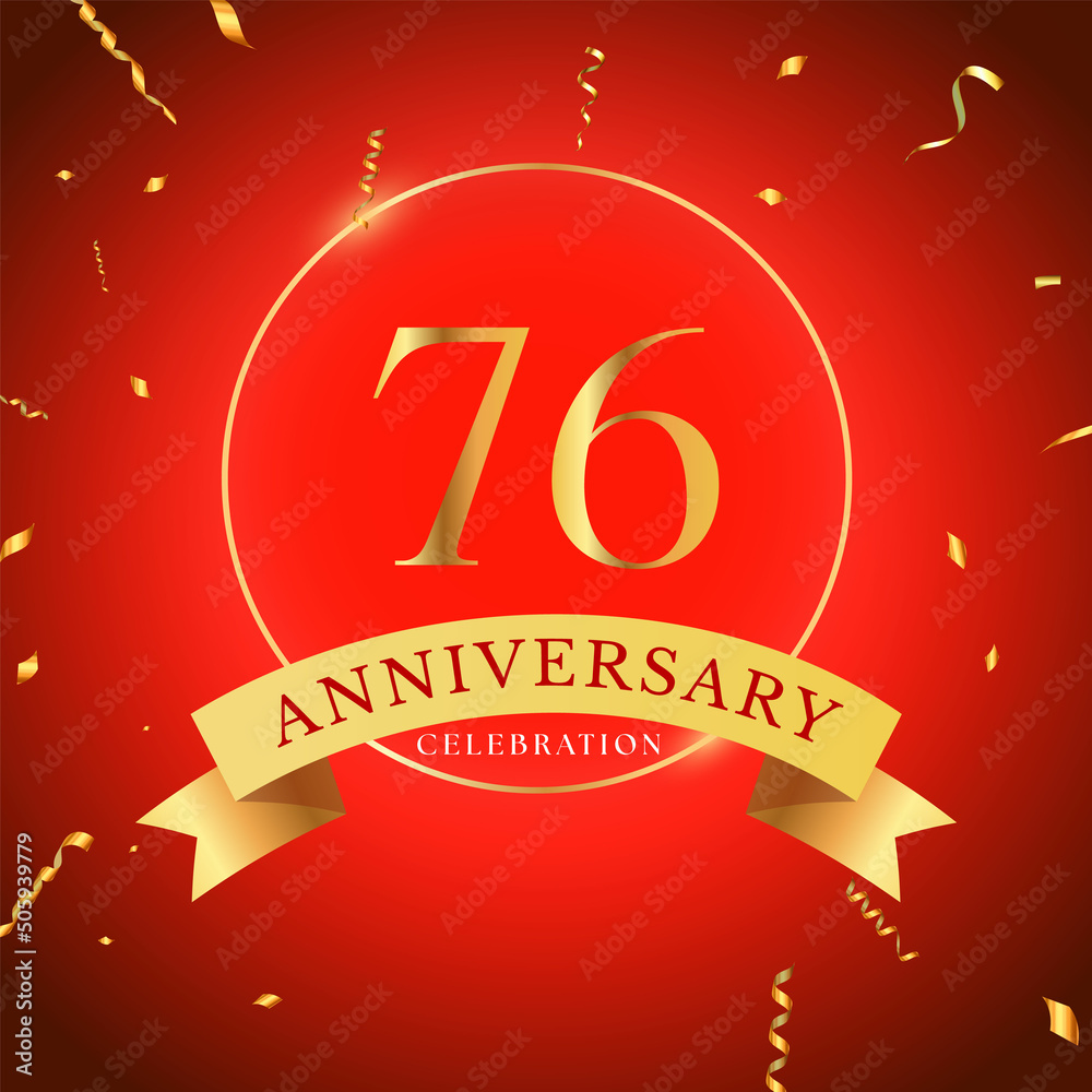 76 years anniversary celebration with gold frame and gold confetti isolated on red background. 76 years Anniversary logo. Vector design for greeting card, birthday party, wedding, event party. 76 years anniversary celebration with gold frame and gold confetti isolated on red background. 76 years Anniversary logo. Vector design for greeting card, birthday party, wedding, event party.