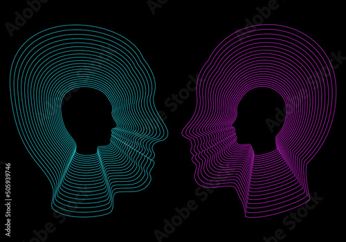 Trazados de siluetas de la cabeza y cara de una mujer y un hombre en trazo azul neón y fucsia neón sobre fondo negro. Mil caras. Mente humana