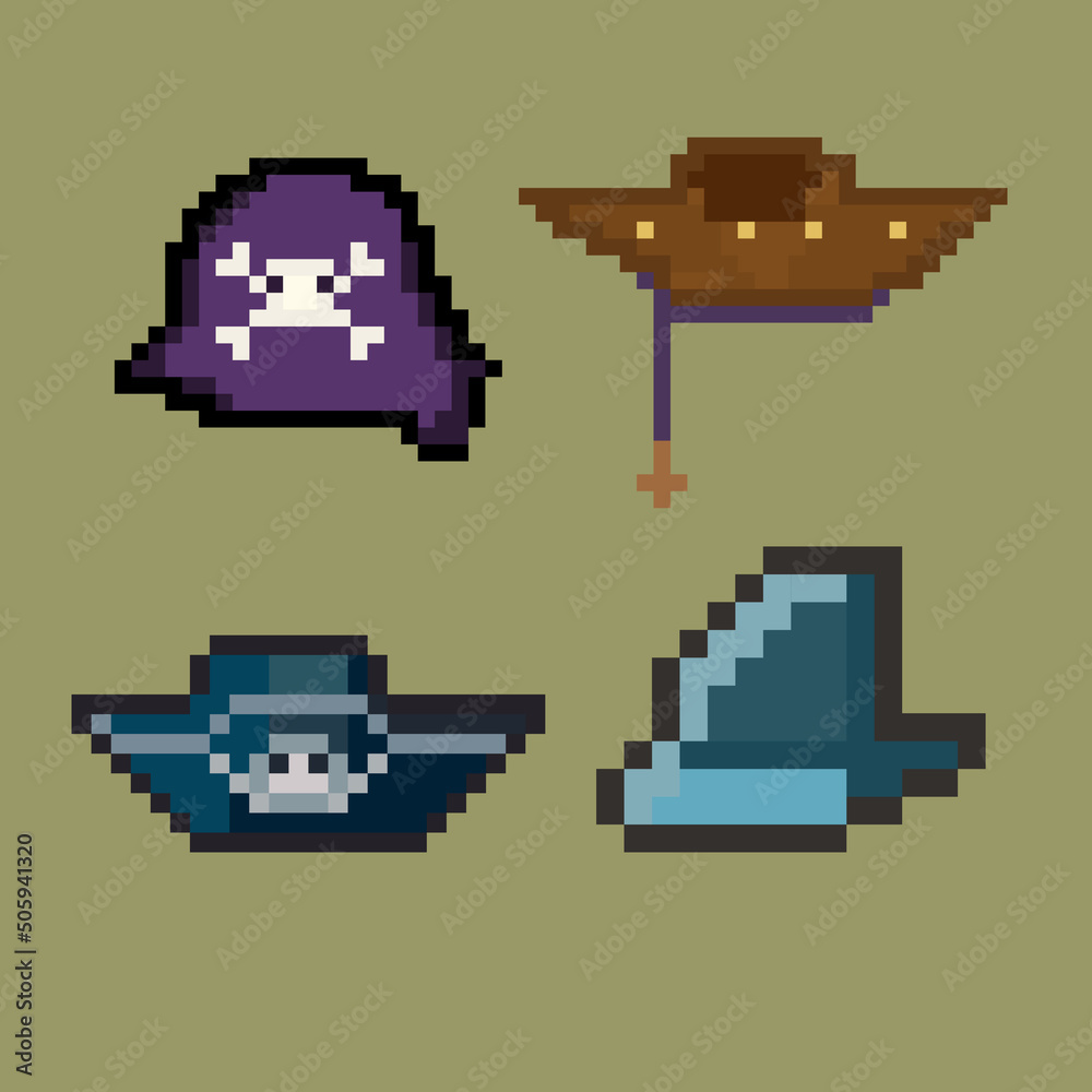 Pixel Art pirate bandana hat and sailor tricorn pixel hat set Stock ...
