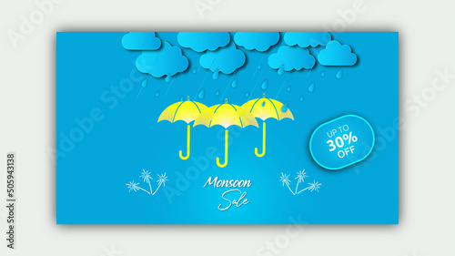 Monsoon sale banner template design with clouds and umbrella on blue background. Overcast sky with rain Vector illustration web banner, flyer, or poster for monsoon season banner