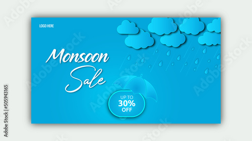 Monsoon sale banner template design with clouds and umbrella on blue background. Overcast sky with rain Vector illustration web banner, flyer, or poster for monsoon season banner