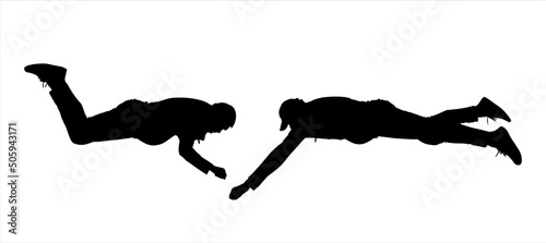 Two male lifeguards lie on their stomachs and offer helping hands. Rescue operation. A young guy in a tracksuit, a cap on his head, sneakers on his feet. Male black silhouettes are isolated on white.