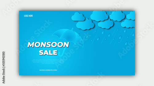 Monsoon sale banner template design with clouds and umbrella on blue background. Overcast sky with rain Vector illustration web banner, flyer, or poster for monsoon season banner