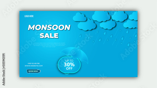 Monsoon sale banner template design with clouds and umbrella on blue background. Overcast sky with rain Vector illustration web banner, flyer, or poster for monsoon season banner