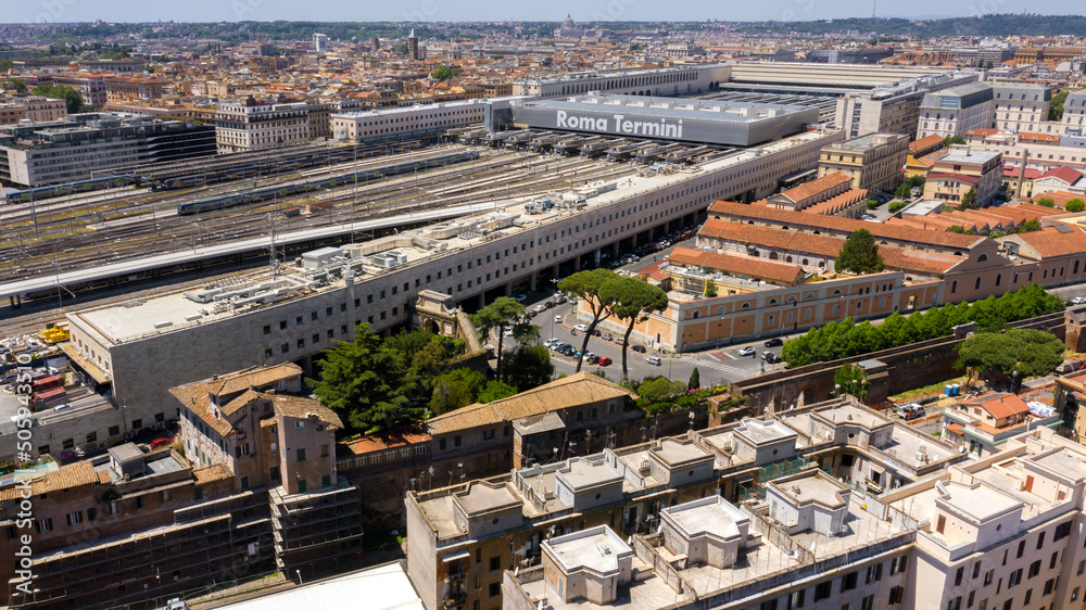 Aerial view of the Roma Termini railway station. This is the largest and most important station in the Italian capital and trains depart from here for all of Italy. 