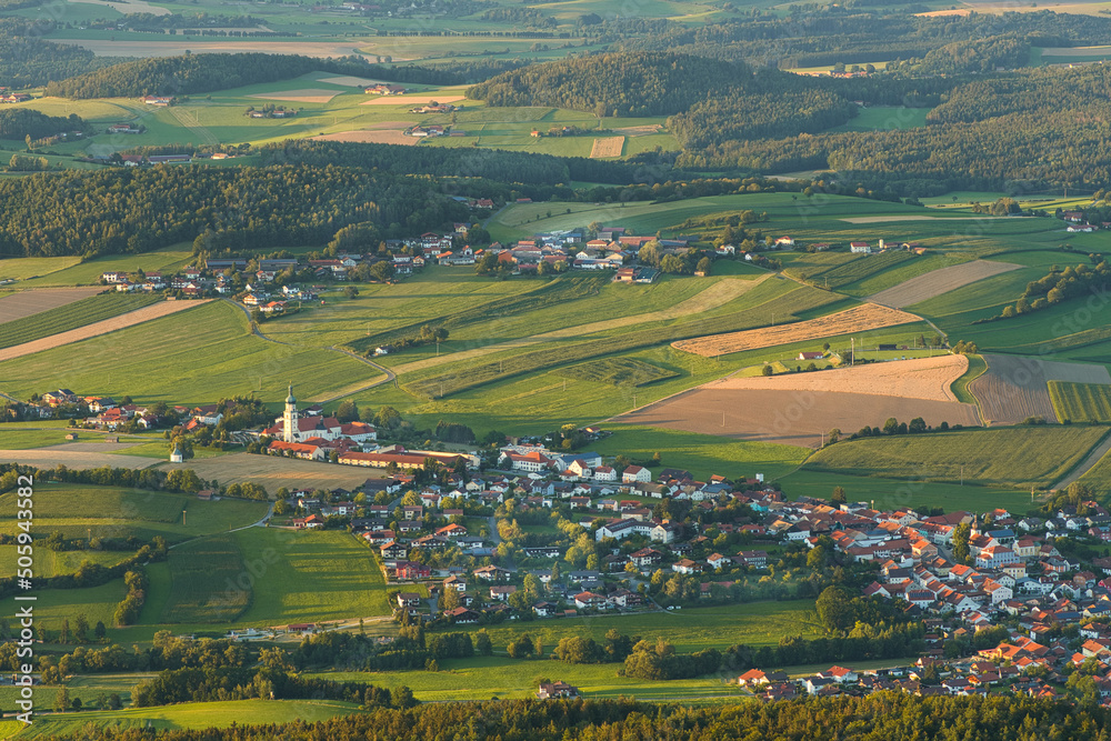 View from mount Hohenbogen to Neukirchen Heiligblut, a small town in the Bavarian Forest.